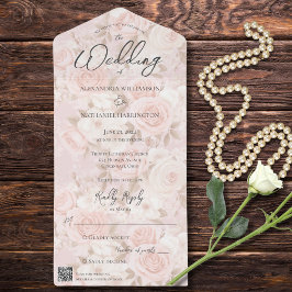 Pale Pink Rose Bouquet QR-Code All In One Einladung