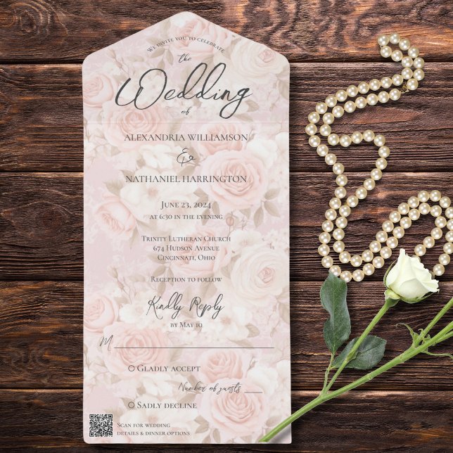 Pale Pink Rose Bouquet QR-Code All In One Einladung (Von Creator hochgeladen)