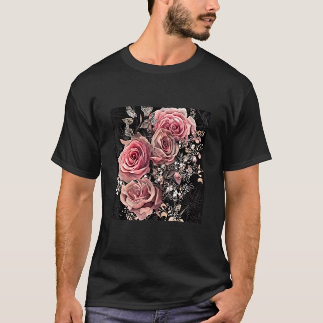Pale Pink Roses with Delicate Vines Rustic Floral T-Shirt (Vorderseite)