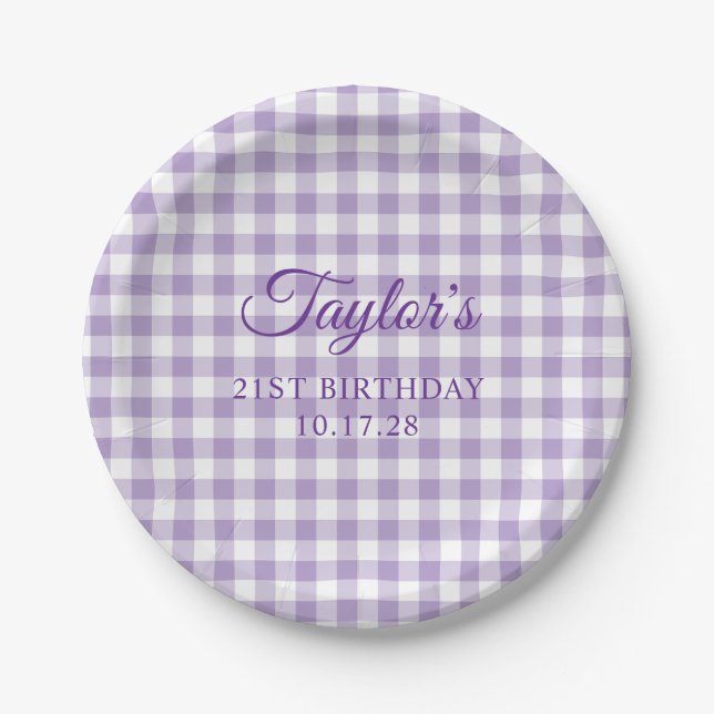 Pale Purple Gingham Plaid 21st Birthday Pappteller (Vorderseite)