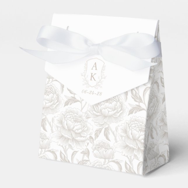 Pale Taupe Monogram Wappen Chinoiserie Peonies Geschenkschachtel (Vorderseite)