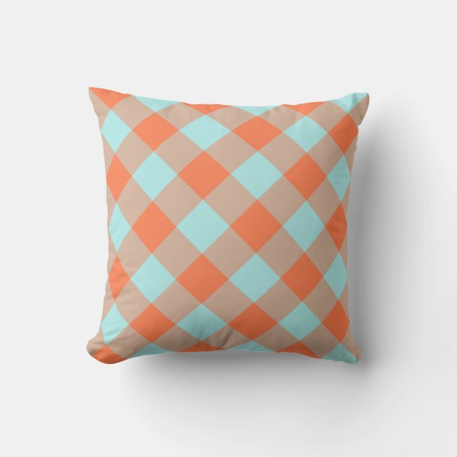 Pale Turquoise Coral Gingham Kissen (Vorderseite)