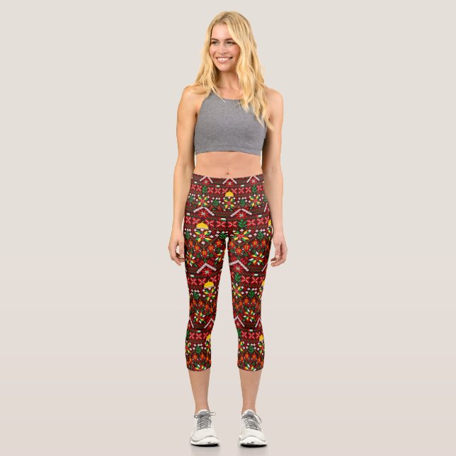 Palestine Tatreez Traditionelle Stickerei Capri Leggings (Vorderseite)