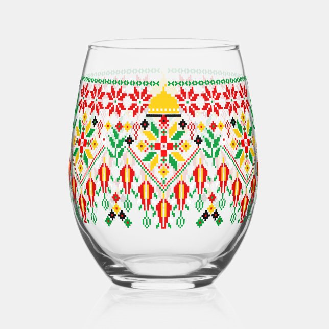 Palestine Tatreez Traditionelle Stickerei Weinglas Ohne Stiel (Vorderseite)