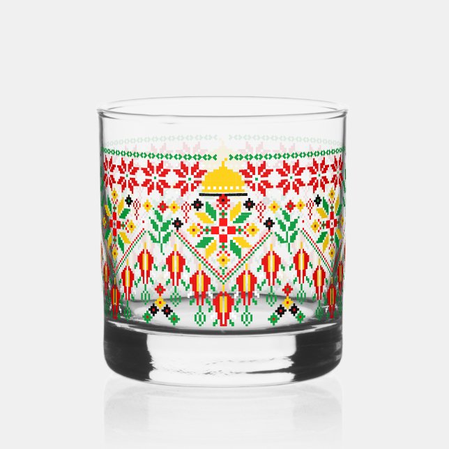 Palestine Tatreez Traditionelle Stickerei Whiskyglas (Vorderseite)
