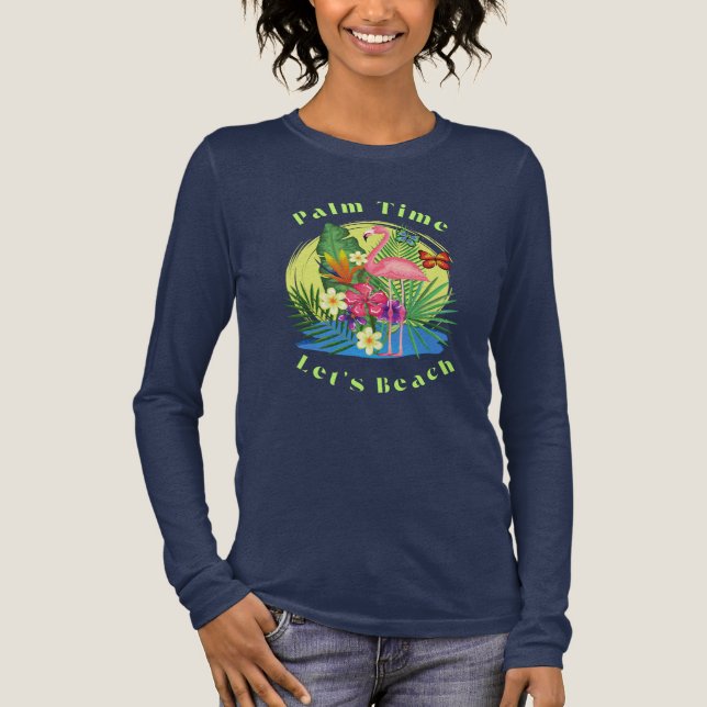 Palm and Flamingo Navy Long Sleeve TShirt (Vorderseite)