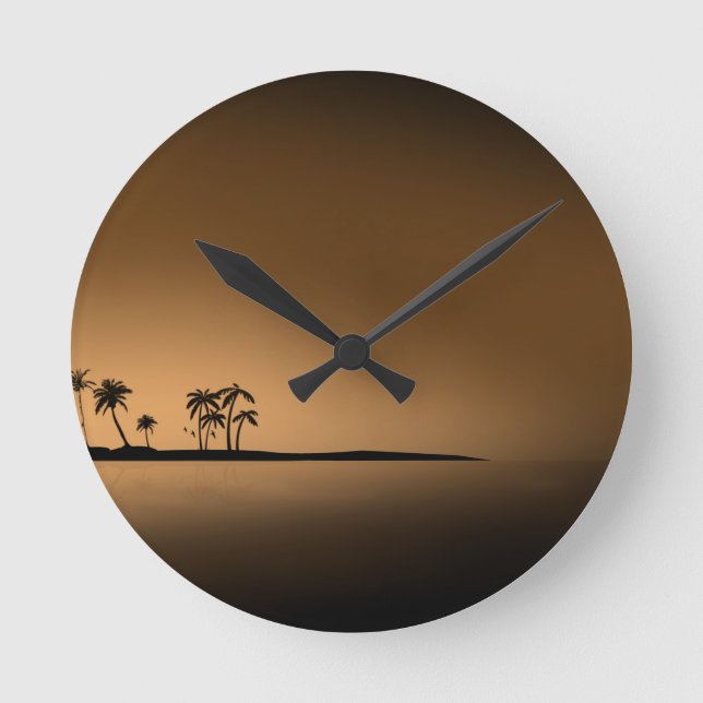 Palm-Baum-Insel-Sonnenuntergang1432 GOLDEN PALM IS Runde Wanduhr (Vorderseite)