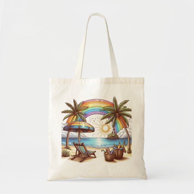 Palm Beach Baum mit Regenbogen und Sonnenschein Tragetasche (Vorne)