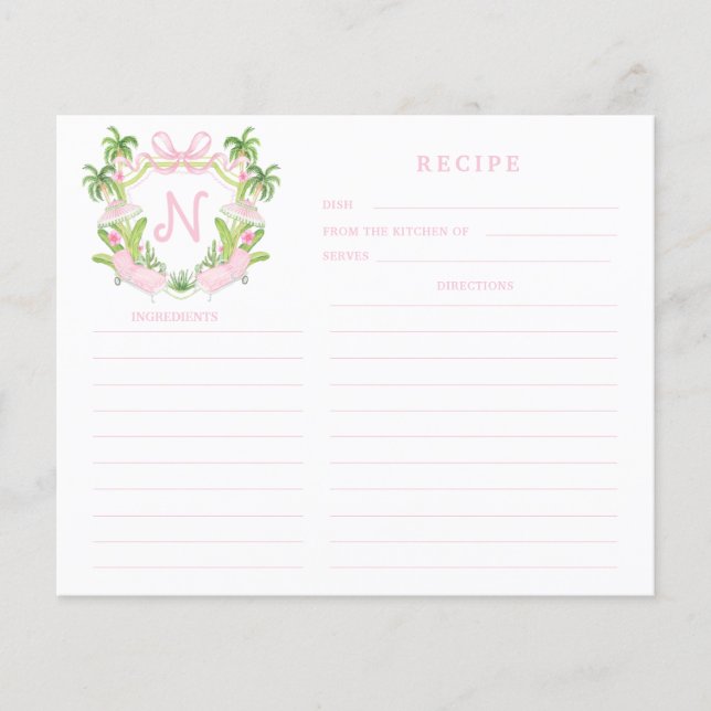 Palm Beach Cabana Crest Monogram Rezeptkarte (Vorderseite)