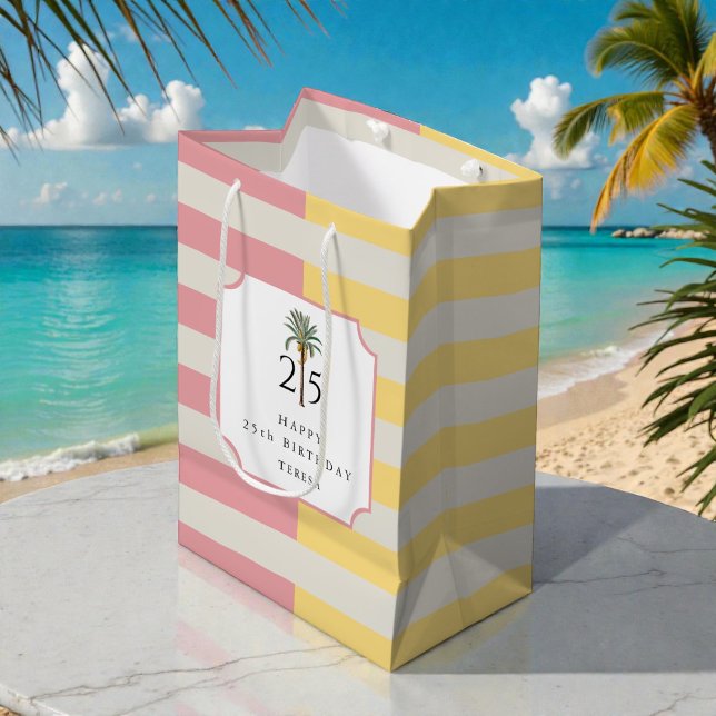 Palm Beach Pastel Stripe Tropical Birthday Mittlere Geschenktüte (Von Creator hochgeladen)