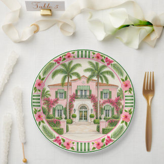Palm Beach Pink & Green Tropische Villa Hibiskus Pappteller