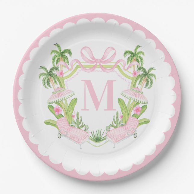 Palm Beach Pink Loungers Monogram Crest Pappteller (Vorderseite)