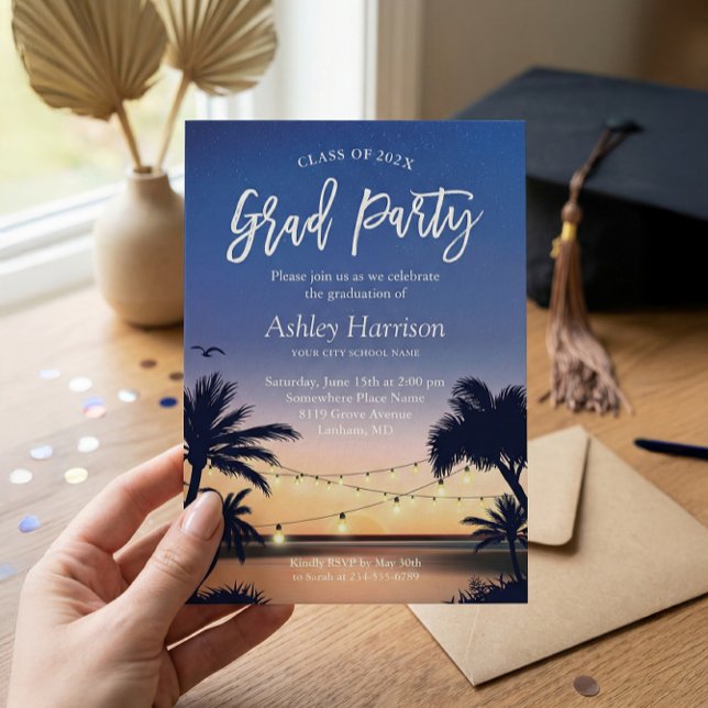 Palm Beach Sunset String Lights Graduation Party Einladung (Von Creator hochgeladen)