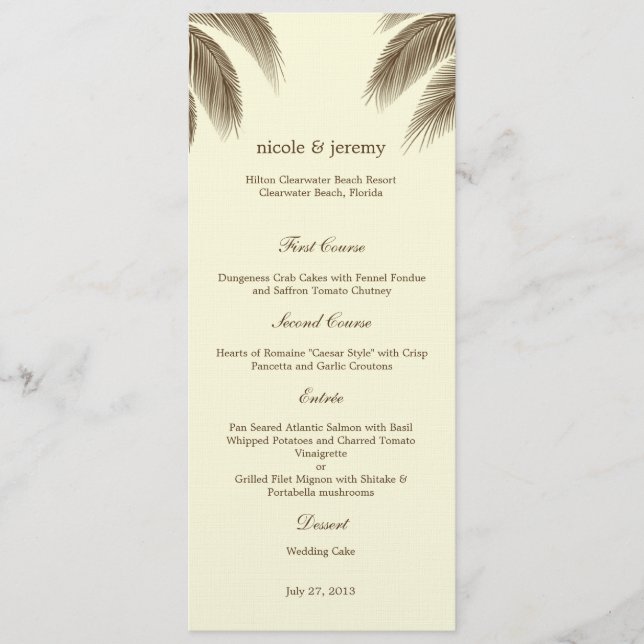 Palm Beach Wedding Menu Card - Brown Menükarte (Vorderseite)