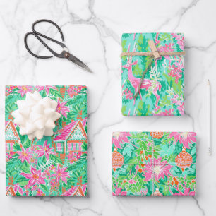 Palm Beach Weihnachten Farbe Rosa & Grün Geschenkpapier Set