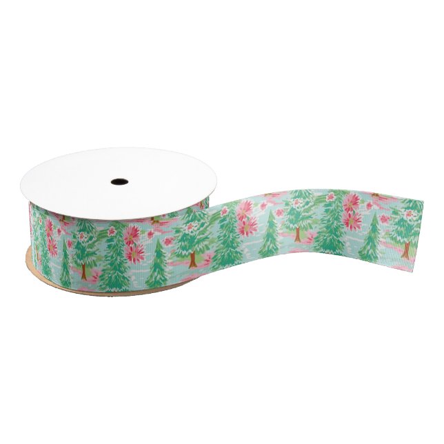 Palm Beach Weihnachten Wasserfarbe Rosa & Grüne Bä Ripsband (Spule)