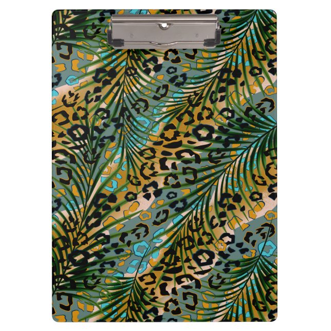 Palm Blätter auf einem leoparden Hintergrund. Serv Klemmbrett (Vorderseite)