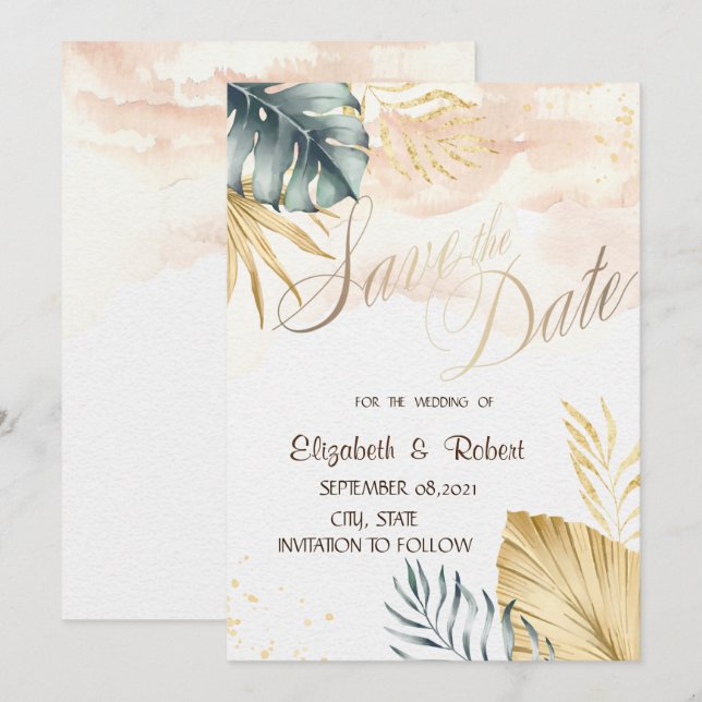 Palm Blätter Beach Wedding Save the Date (Vorne/Hinten)