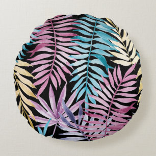 Palm-Blätter: dunkles Aquarellmuster Rundes Kissen