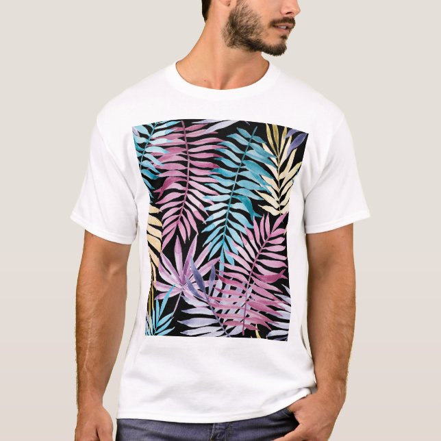 Palm-Blätter: dunkles Aquarellmuster T-Shirt (Vorderseite)