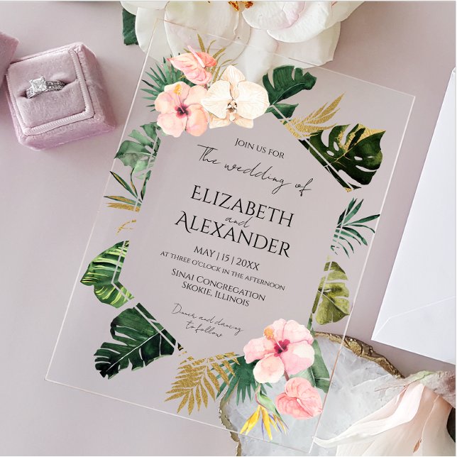 Palm Blätter Hibiskus Tropische Grünpflanzen Hochz Acryleinladungen (Von Creator hochgeladen)