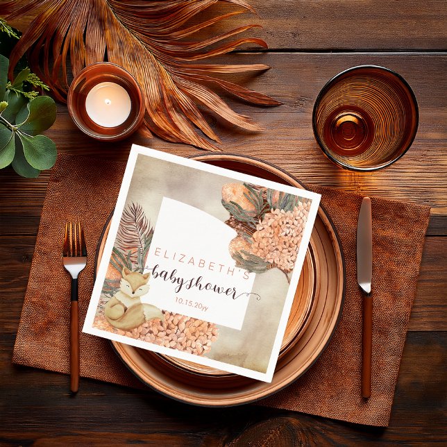 Palm-Blätter | Hydrangea Blooms Girl Baby Shooter  Serviette (Boho Palm Leaves and Hydrangeas Sleeping Fox Girl Baby Shower Paper Napkins)