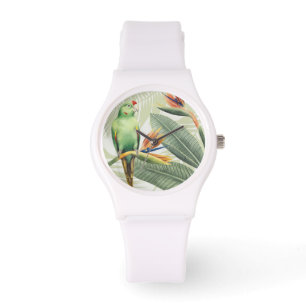 Palm-Blätter mit grünem Vogel Armbanduhr