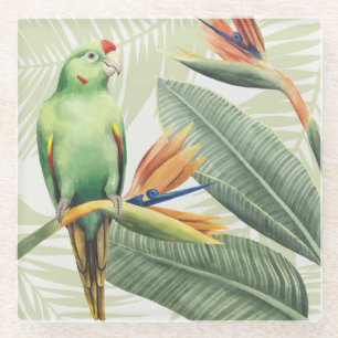 Palm-Blätter mit grünem Vogel Glasuntersetzer