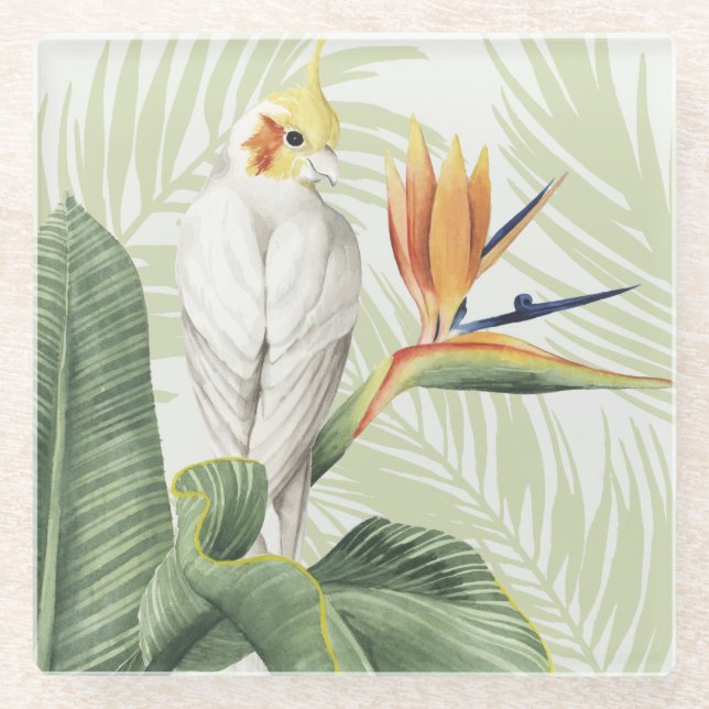 Palm-Blätter mit weißem Vogel Glasuntersetzer (Vorderseite)