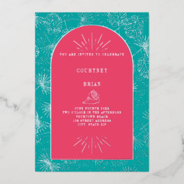 Palm Blätter Pink + Blue Beach Wedding Folieneinladung