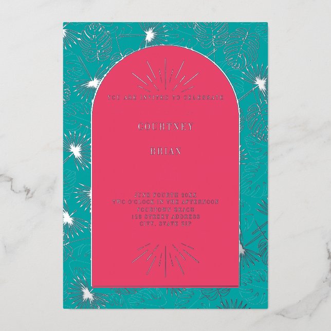 Palm Blätter Pink + Blue Beach Wedding Folieneinladung (Vorderseite)