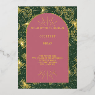 Palm Blätter Rosa + Grüner Strand Hochzeit Folieneinladung