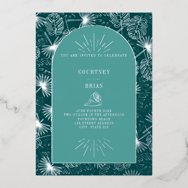 Palm Blätter Seashell Aquamariner tropischer Stran Folieneinladung (Vorderseite)