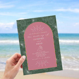 Palm Blätter Seashell Pink Green Tropical Wedding Einladung