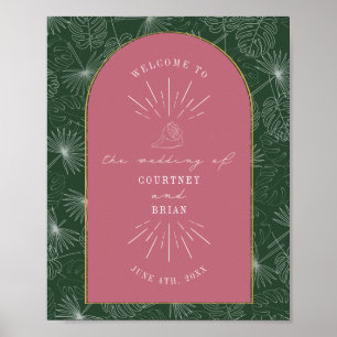 Palm Blätter Seashell Pink Green Wedding Willkomme Poster
