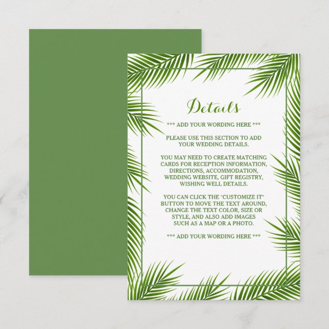 Palm Blätter Tropical Beach Hochzeit Detail Begleitkarte (Vorne/Hinten)