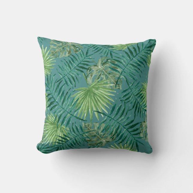 Palm Blätter Tropical Print Aquamarin Cushion Kissen (Vorderseite)