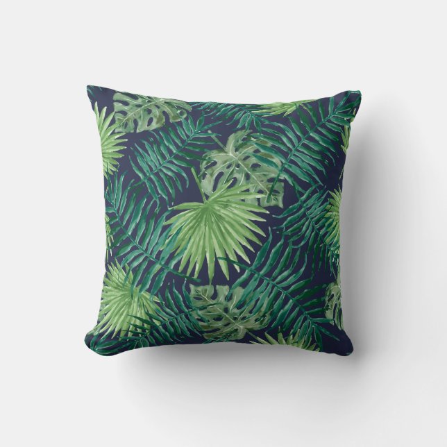 Palm Blätter Tropical Print Navy Cushion Kissen (Vorderseite)