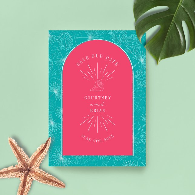 Palm Blätter Tropical Seashell Pink Blau Save The Date (Von Creator hochgeladen)