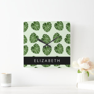 Palm-Blätter, tropisches Muster, Ihr Name Quadratische Wanduhr