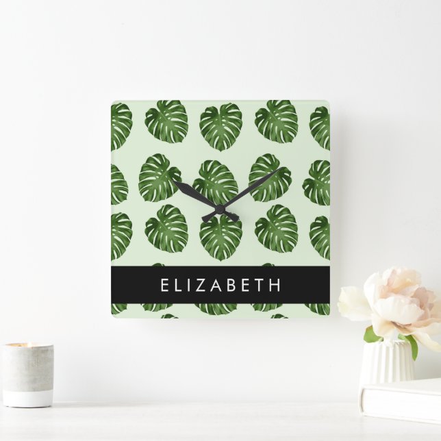 Palm-Blätter, tropisches Muster, Ihr Name Quadratische Wanduhr (Zuhause)