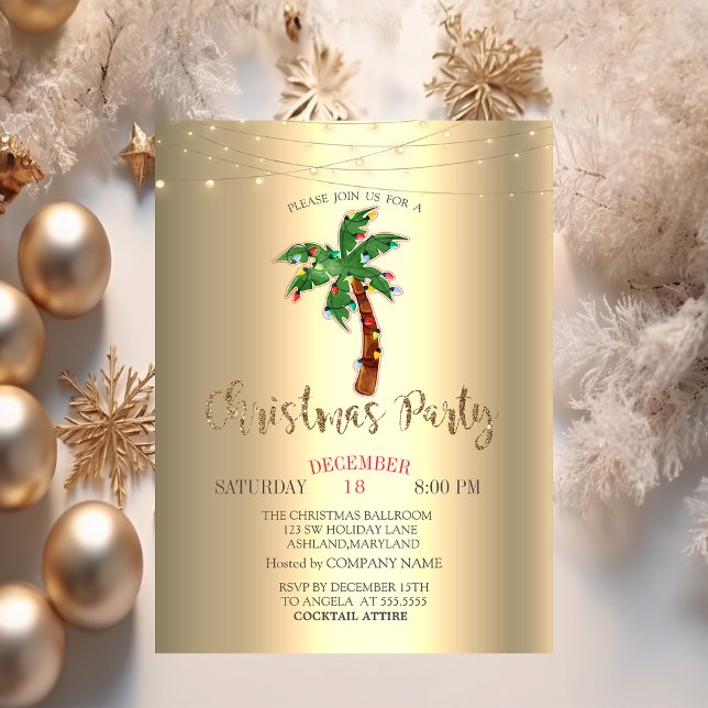 Palm Christmas Tree String Lights Gold Einladung (Von Creator hochgeladen)