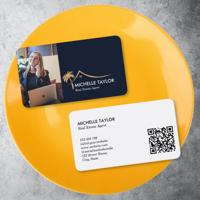 Palm Coastal Property Real Anwesen Realtor Foto QR Visitenkarte (GOLD PALM AND HOUSE ROOF REALTOR LOGO ON A NAVY BACKGROUND)