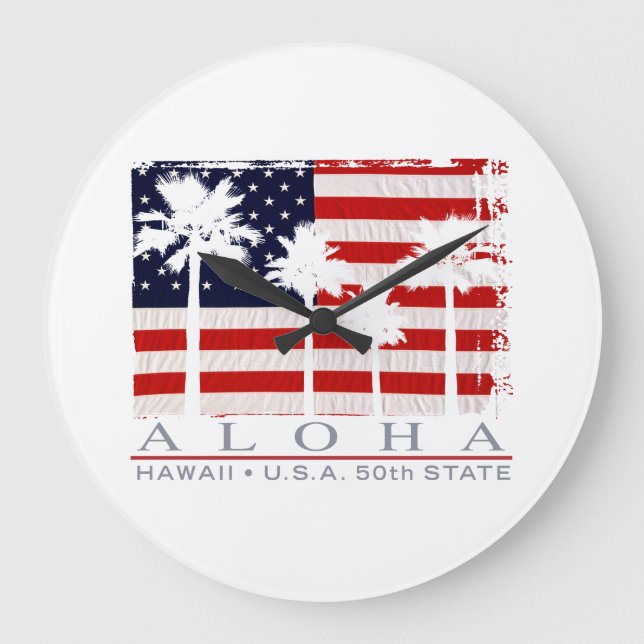Palm Flag Hawaii Aloha Patriotic Wall Clock Große Wanduhr (Vorderseite)