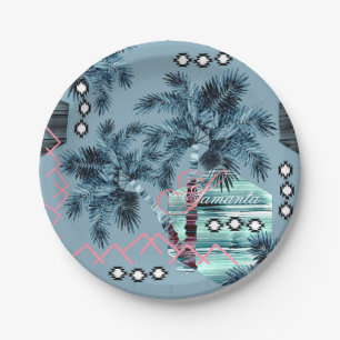 Palm Hawaiian blaue schwarze monogramm personalisi Pappteller