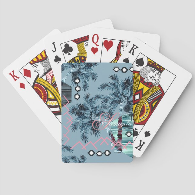 Palm Hawaiian Blue Monogram personalisiert Spielkarten (Rückseite)
