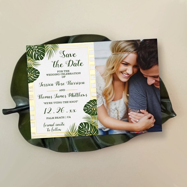 Palm Leaf Beach Hochzeitskarte Save the Date Foto  Folieneinladung (Von Creator hochgeladen)