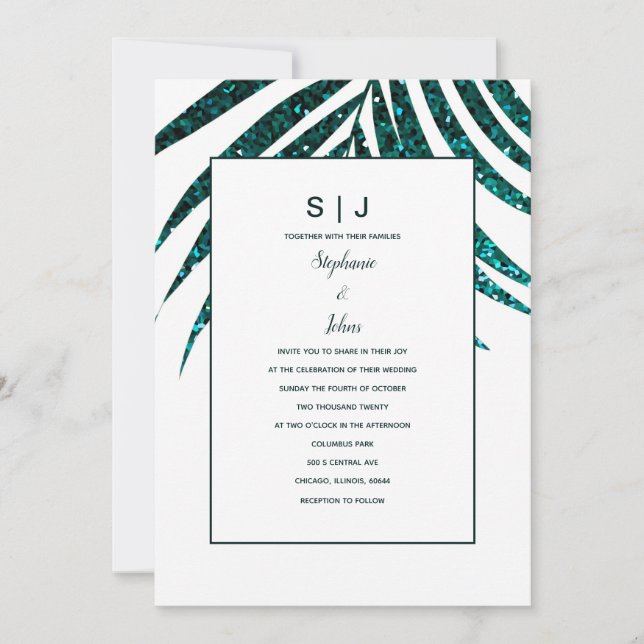 Palm Leaf Blue Green Glitzer Tropical Wedding Einladung (Vorderseite)