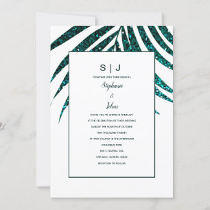 Palm Leaf Blue Green Glitzer Tropical Wedding Einladung