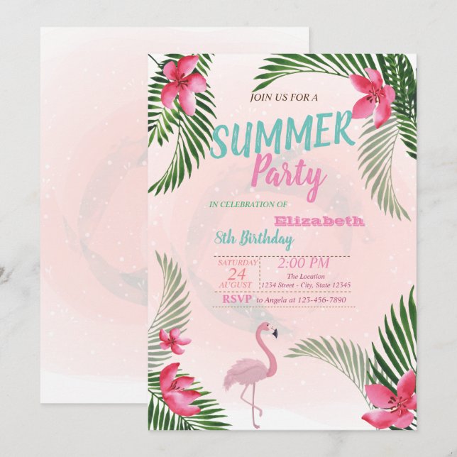 Palm Leaf, Blume, Flamingo Geburtstagsparty Einladung (Vorne/Hinten)